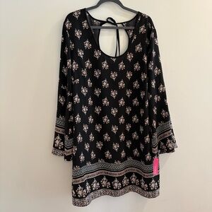 Boho Mini Dress Floral Long Bell Sleeves Open Back Loose A-Line Hippie